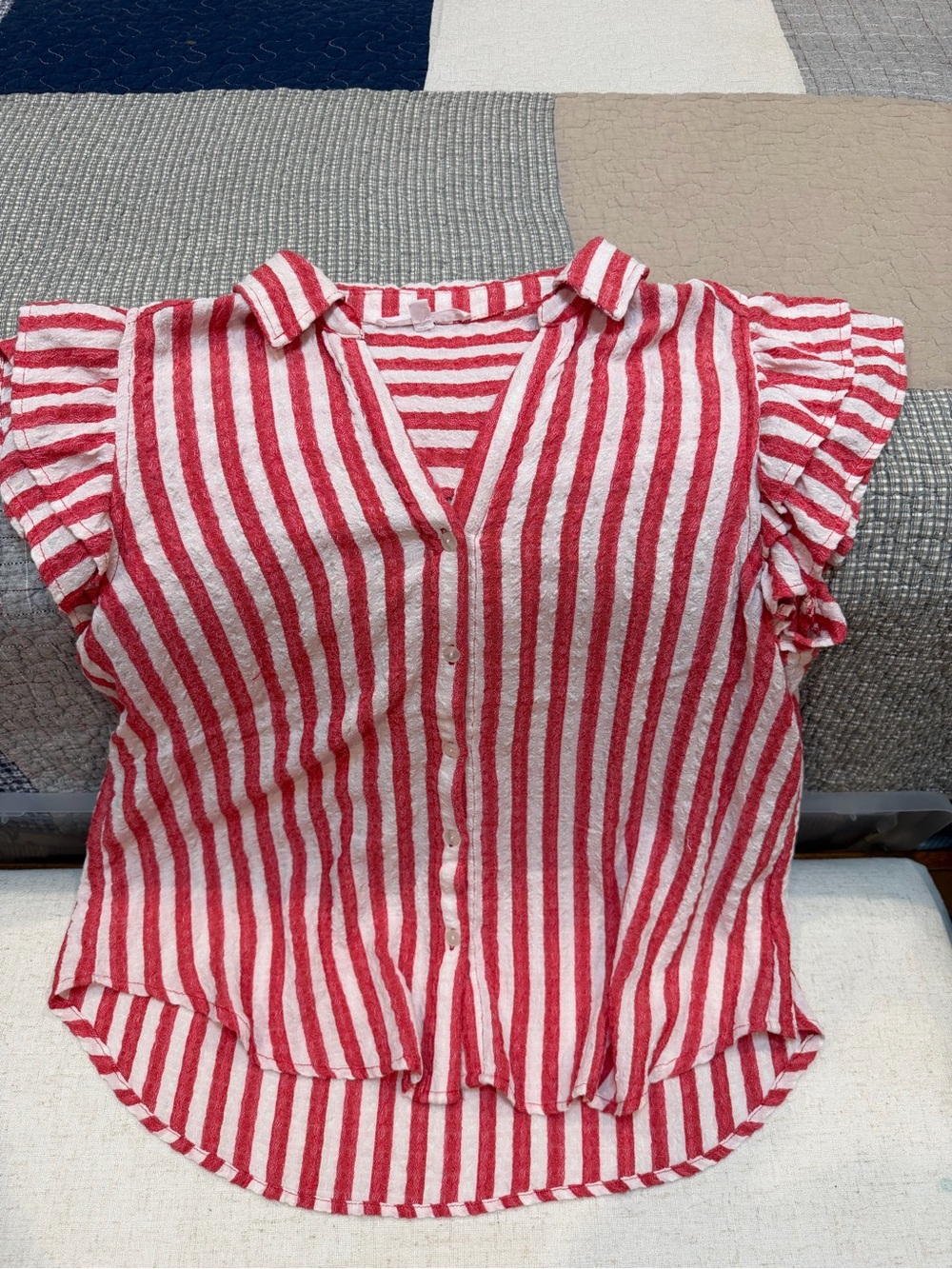 Jane and Delancey Red and White Striped Ruffle-Sleeve Button-Front Top
